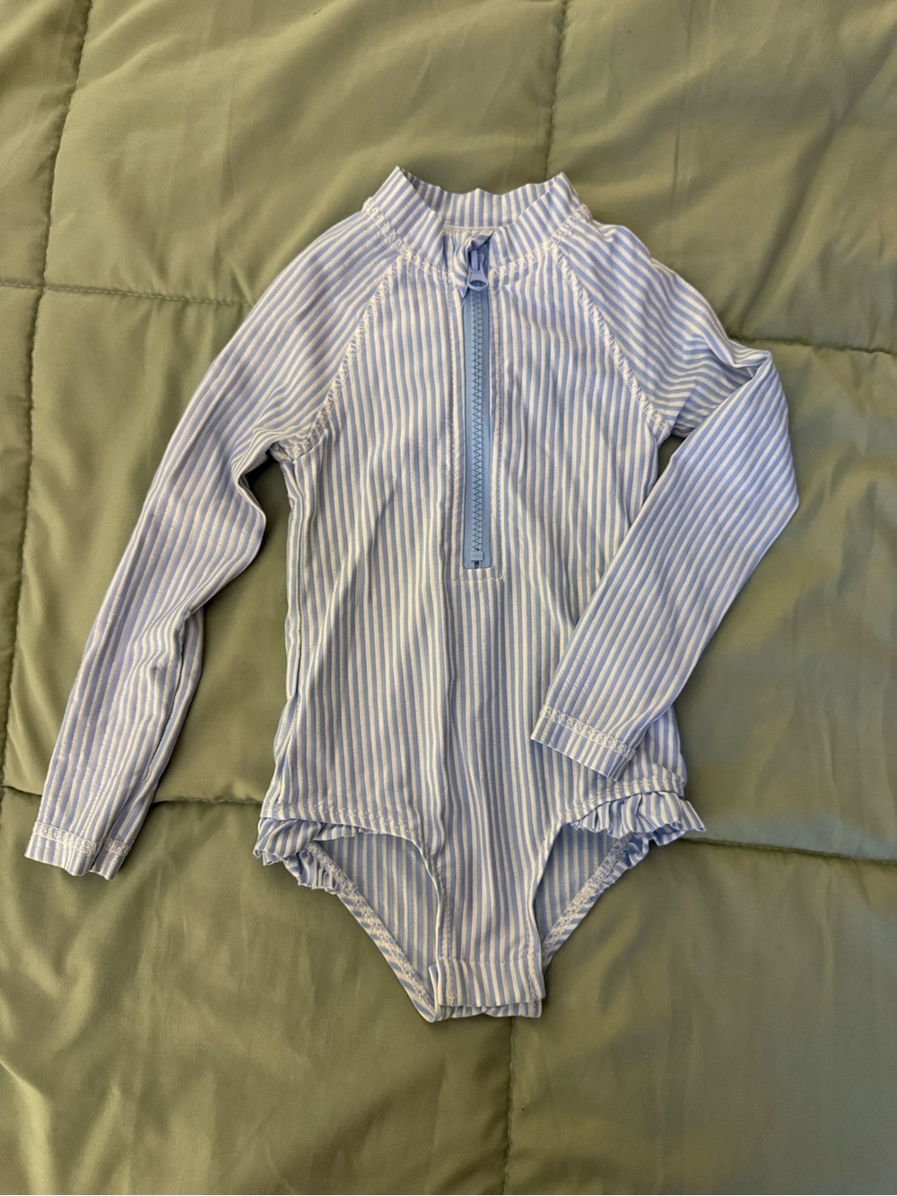 crown & ivy Girls Light Blue and White Striped Long Sleeve One-Piece Swimsuit